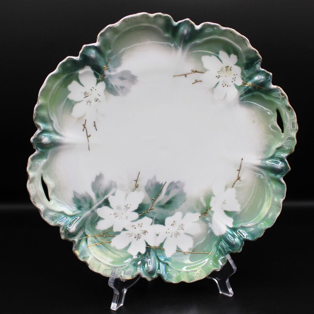 Antique RS Prussian Cake Plate Porcelain Iridescent Green Floral Open Handles